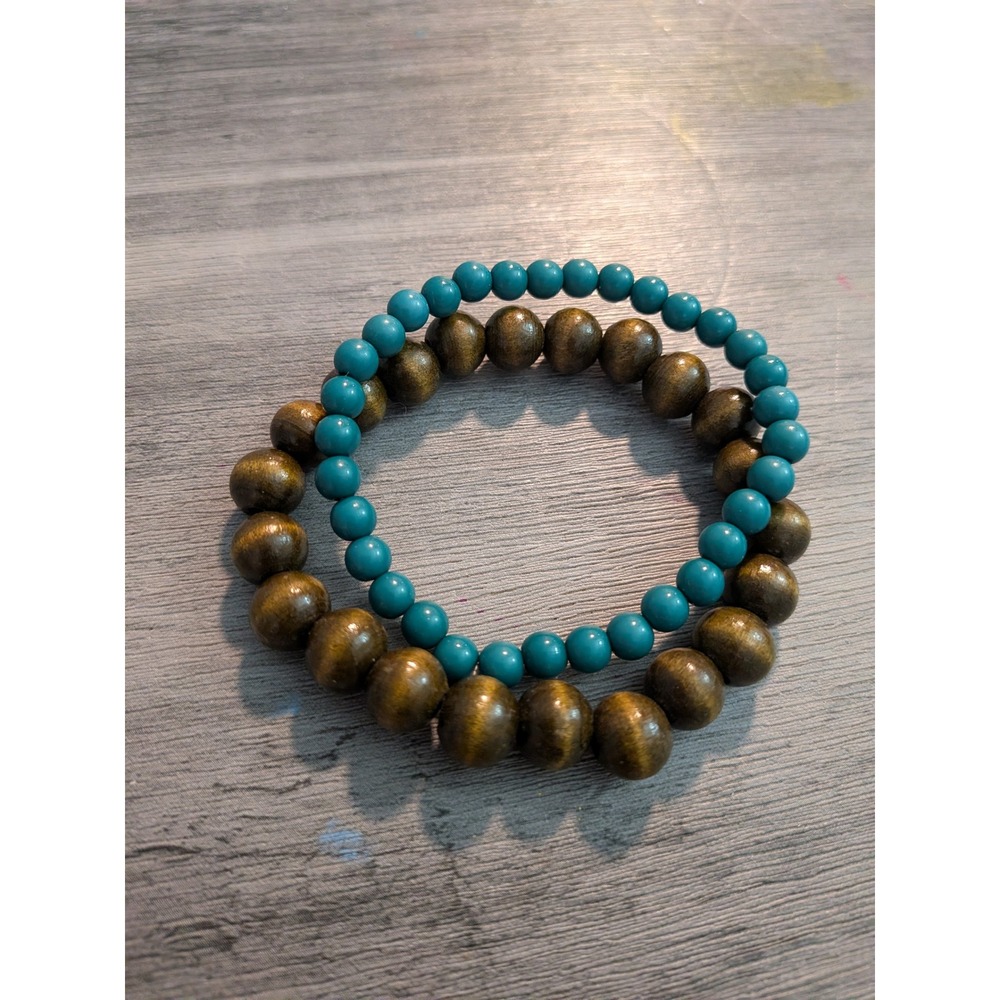 Boho Beaded Stretch Bracelet Set Wood and Turquoise Blue Round Bead Stack